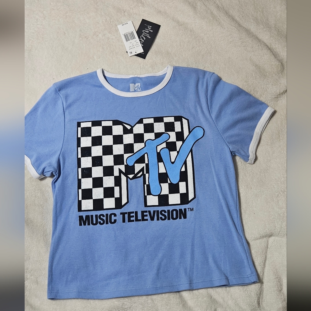 NWT MTV Blue Short Sleeve Tee with‎ Retro Checkerboard Design; Junior Size Large